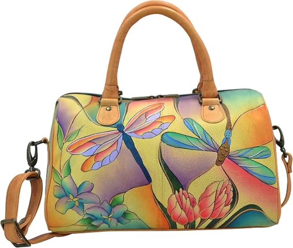 Anna by Anuschka Leather Satchel Dragonfly Glass Painting Zip Around Purse NWOT
